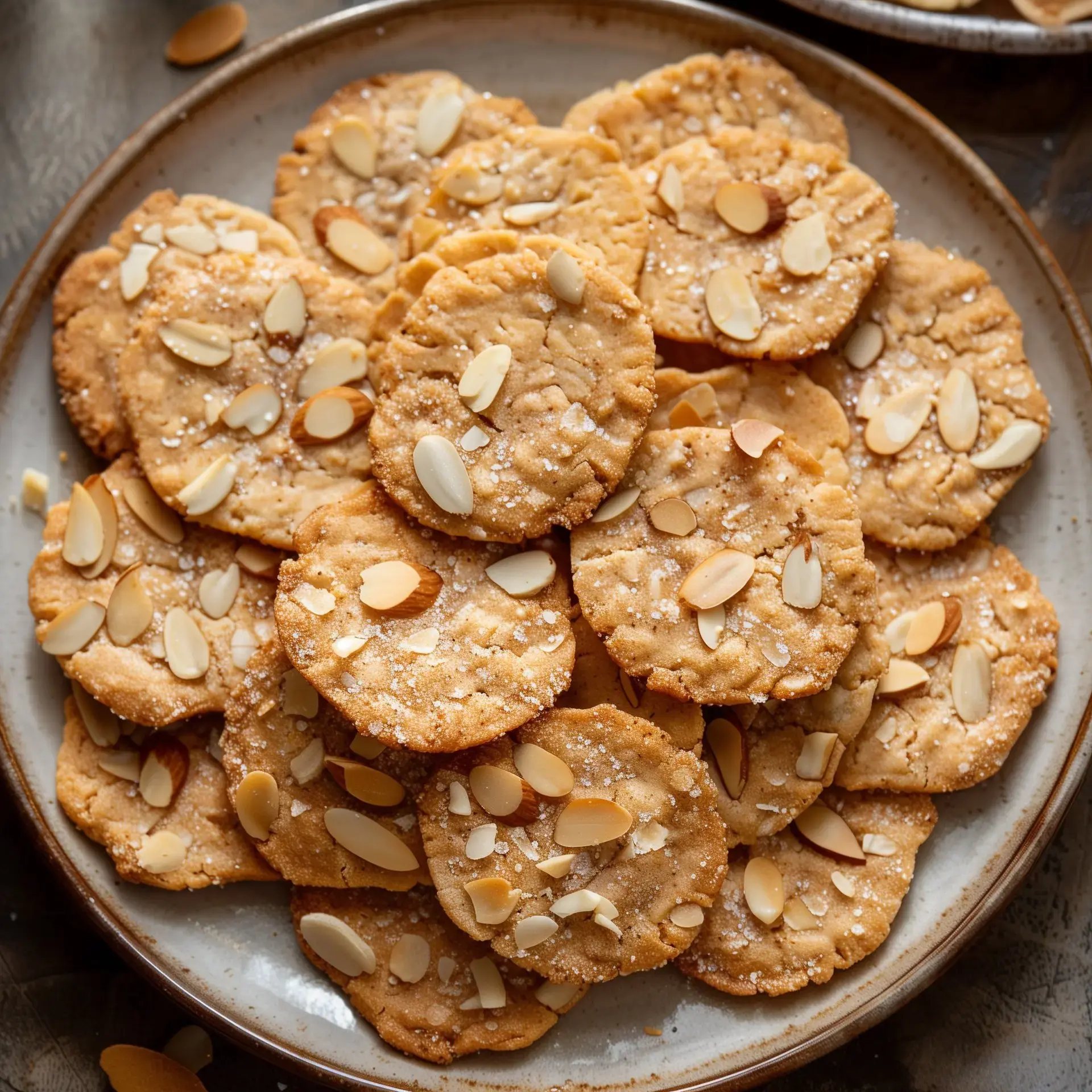 Des biscuits ronds parsemés d'amandes et de sucre sont joliment présentés sur une assiette.
