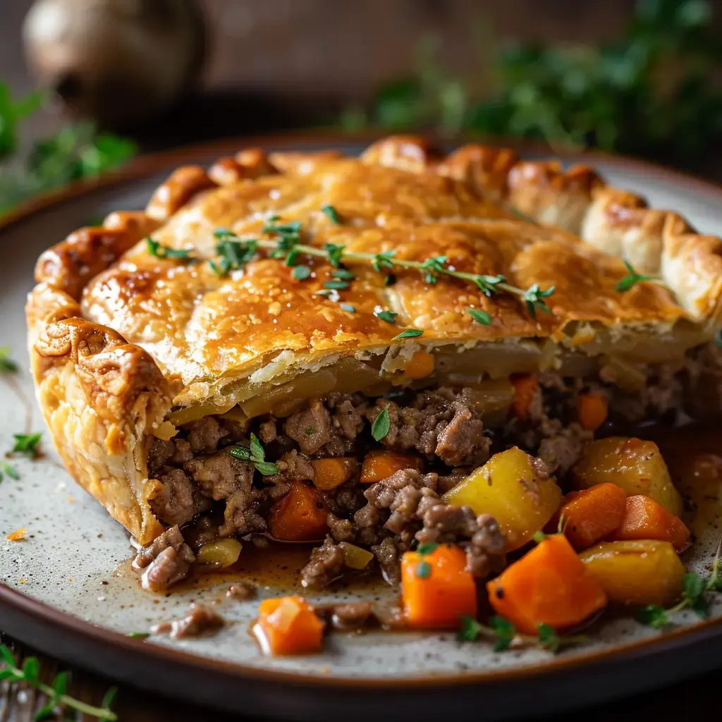 Tourte croustillante avec viande hachée et légumes, accompagnée d’herbes fraîches.