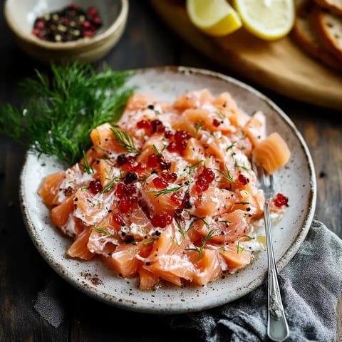 Une assiette avec du saumon fumé garni de câpres, crème et aneth, accompagnée de citron et pain en fond.