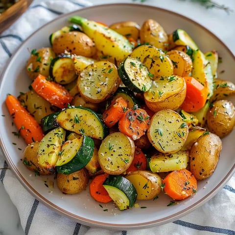 Plat coloré de patates, carottes et courgettes rôtis avec un peu de thym et du poivre dessus.