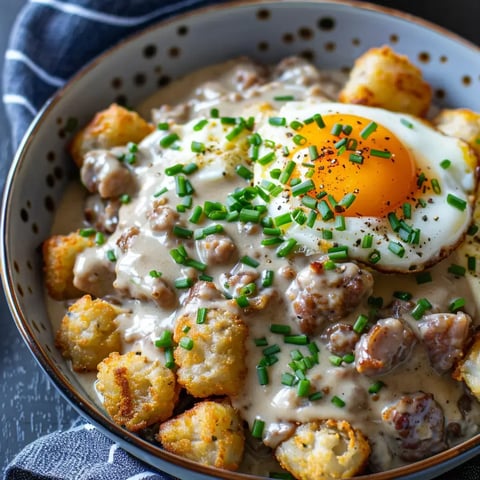 Bol garni de pommes de terre croquantes, viande, sauce crémeuse et œuf, touche de ciboulette sur le dessus.