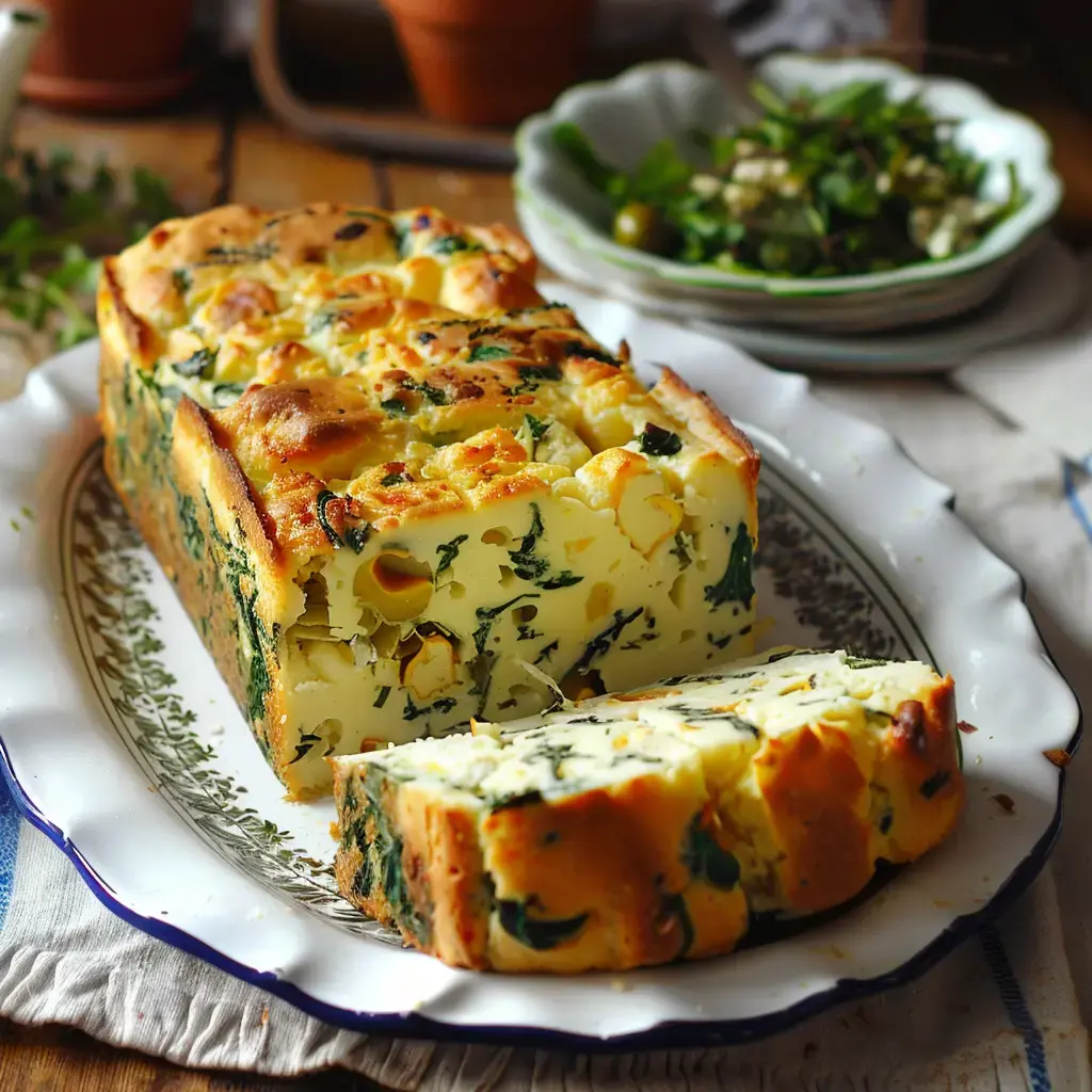 Un savoureux gâteau aux épinards tranché posé sur une jolie assiette de service.