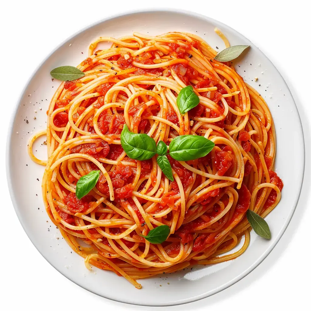 Un bol de pâtes nappées de sauce rouge et décorées d'herbes fraîches.