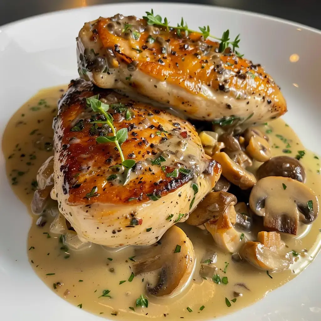 Deux filets de poulet dorés à point, parsemés de thym, posés sur des champignons nappés de sauce crémeuse.