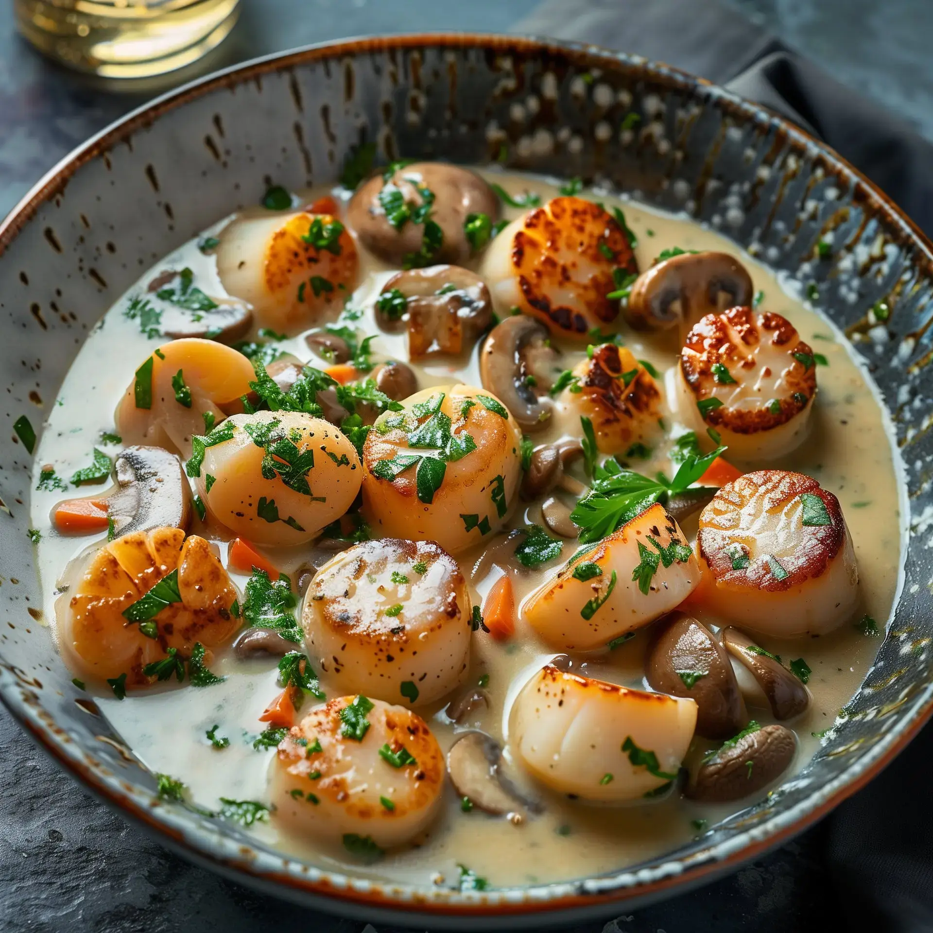 Coquilles Saint-Jacques dans une sauce crémeuse avec des champignons, décorées de persil frais.