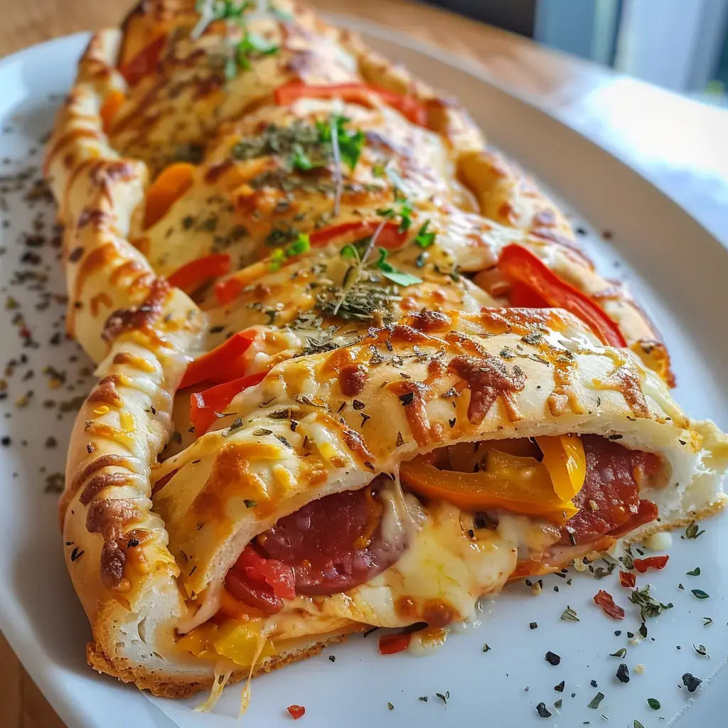 Un délicieux mélange de pain fourré avec fromage, saucisse et légumes colorés, parsemé d'herbes fraîches.