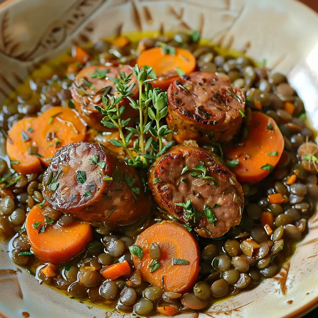 Assiette de lentilles servie avec morceaux de saucisse rôtie et carottes en rondelles, décorée de thym frais.