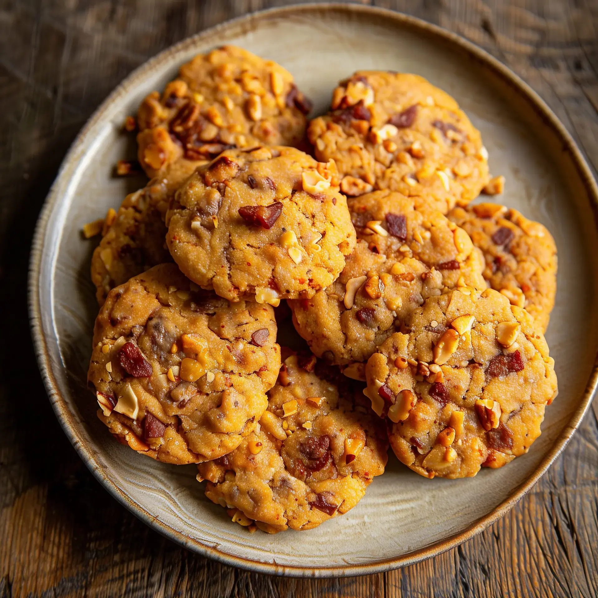 Un joli plat garni de biscuits dorés avec des morceaux de noix croquants et de savoureuse charcuterie.