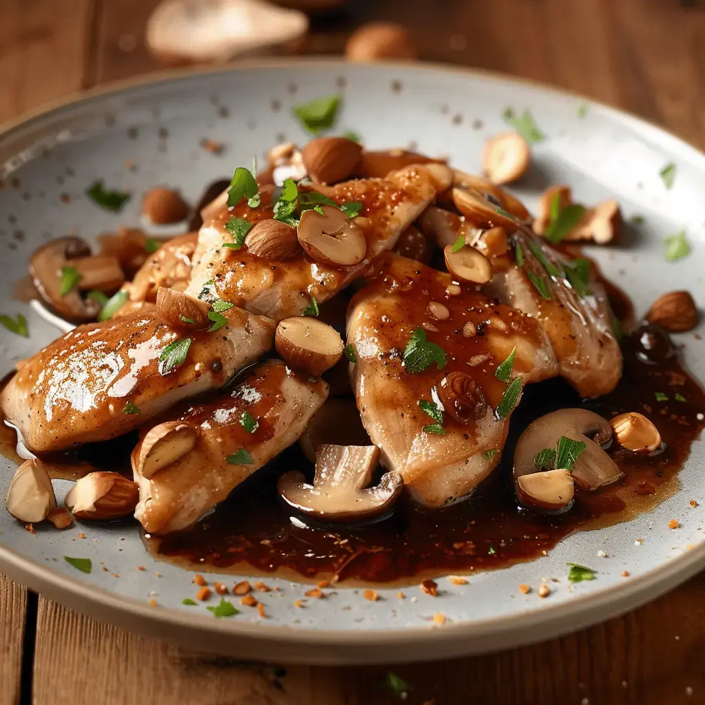 Plat de poulet crémeux avec champignons et noisettes, décoré de persil frais.