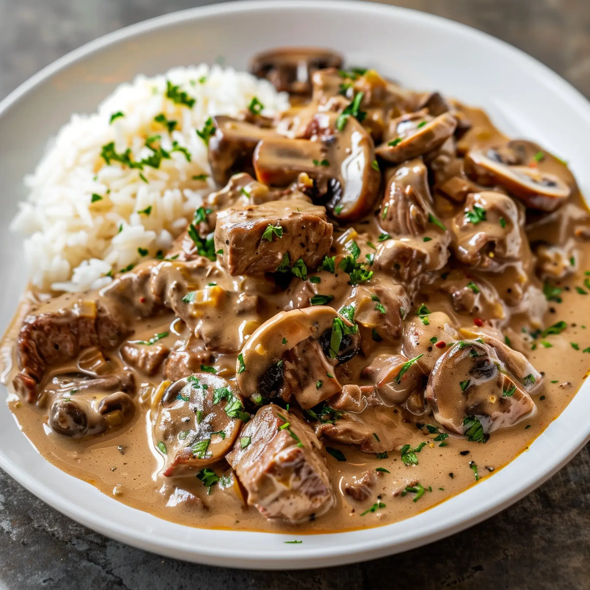 Plat riche en sauce crémeuse à base de viande et champignons, accompagné de riz et de persil frais.