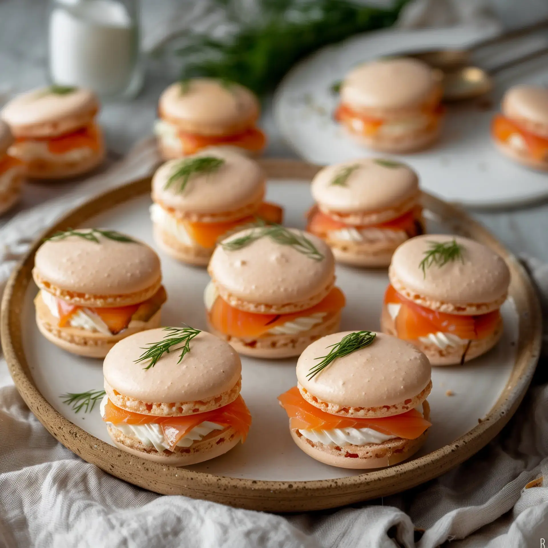 Plateau de macarons aux saumons fumé et crème avec un peu d'aneth en déco.