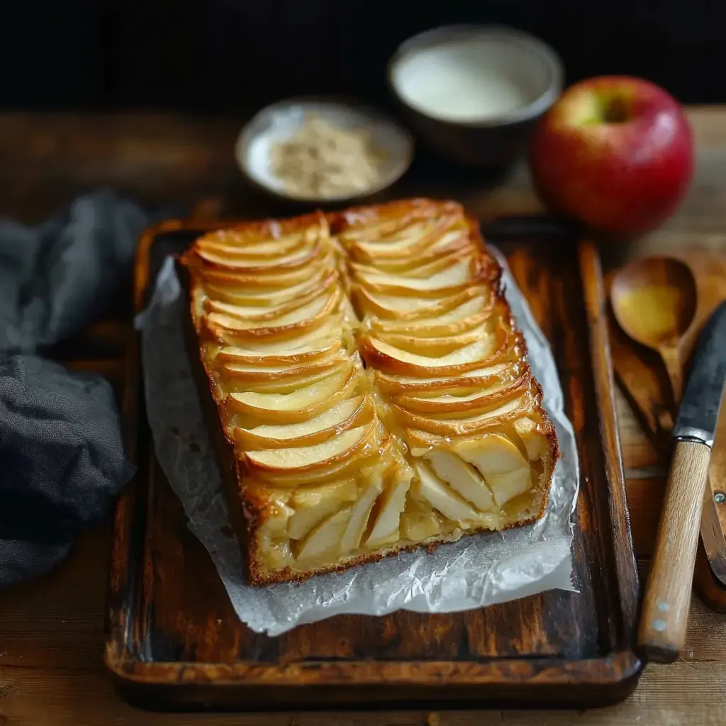 Une tarte aux pommes dorée et découpée est montrée sur une planche en bois, avec une pomme fraîche et deux petits bols contenant de la crème et du sucre.