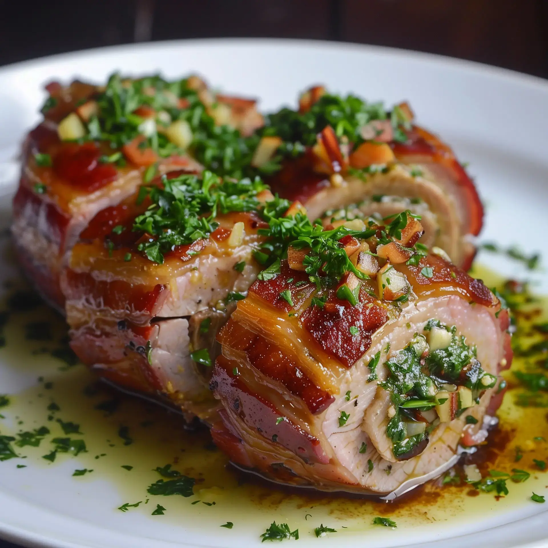 Roulé de viande avec bacon et herbes fraîches, servi avec sauce et légumes.