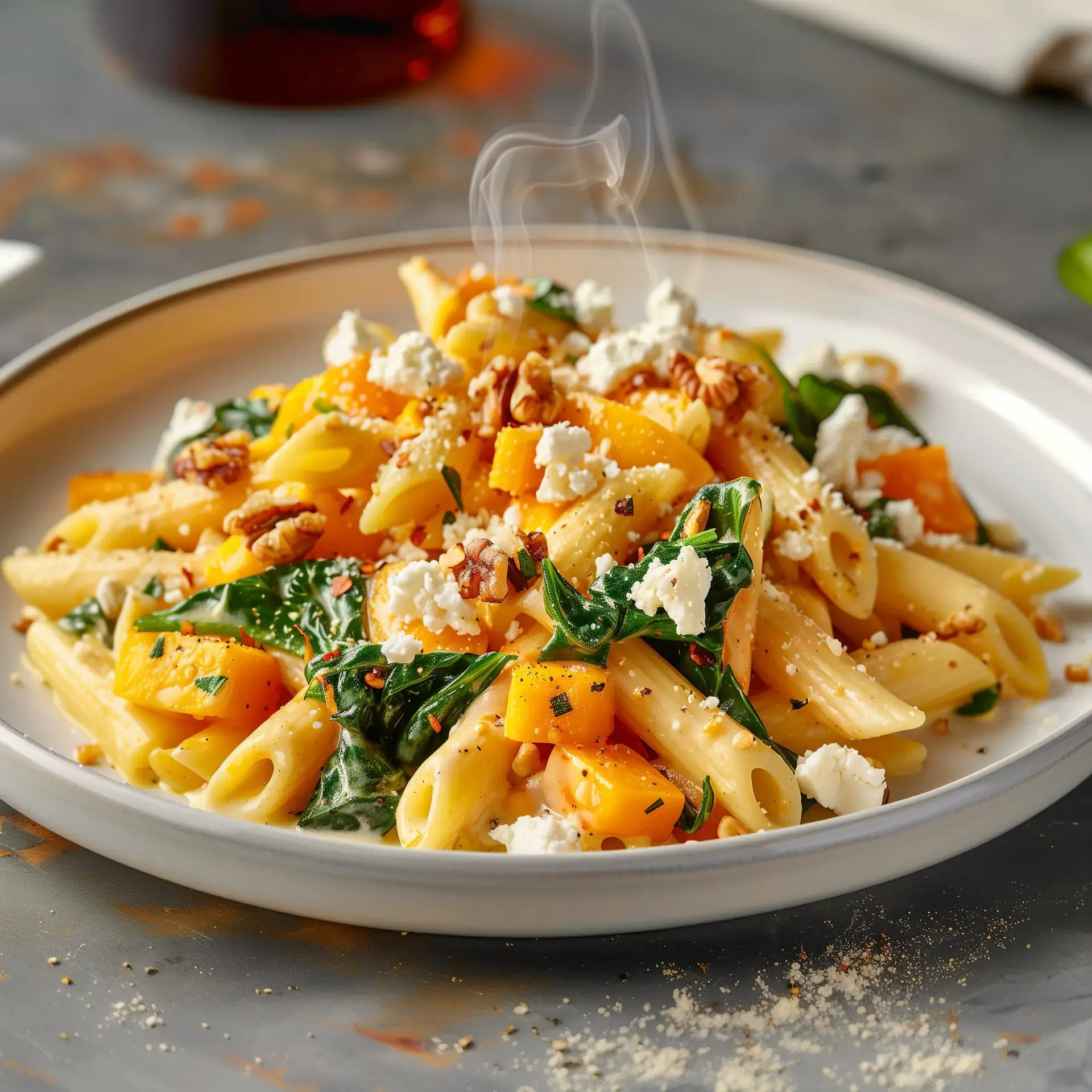 Un délicieux plat de pâtes avec morceaux de courge, fromage de chèvre, noix, et épinards tendres.