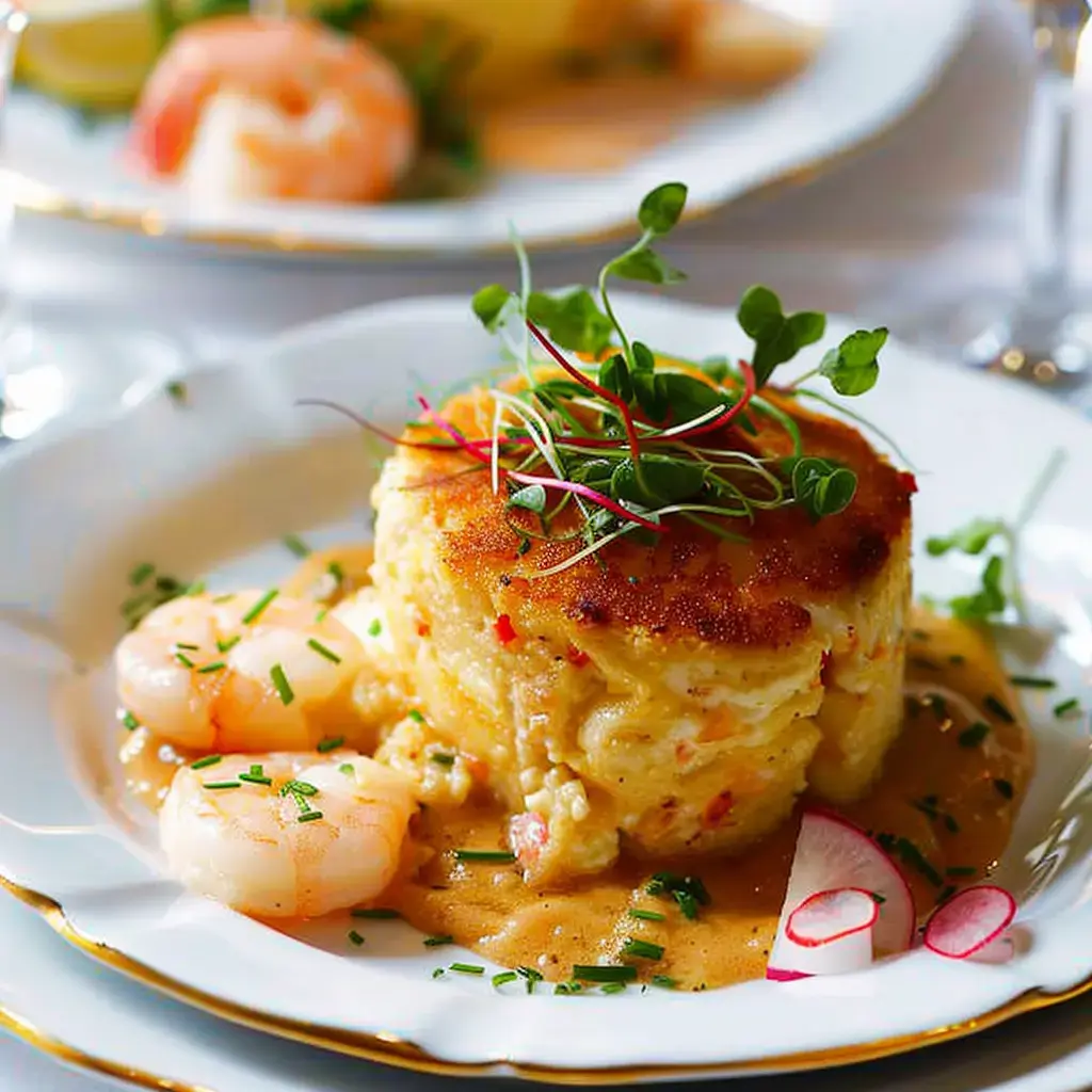 Un soufflé doré accompagné de crevettes, de feuilles fraîches et de radis dans une présentation raffinée.
