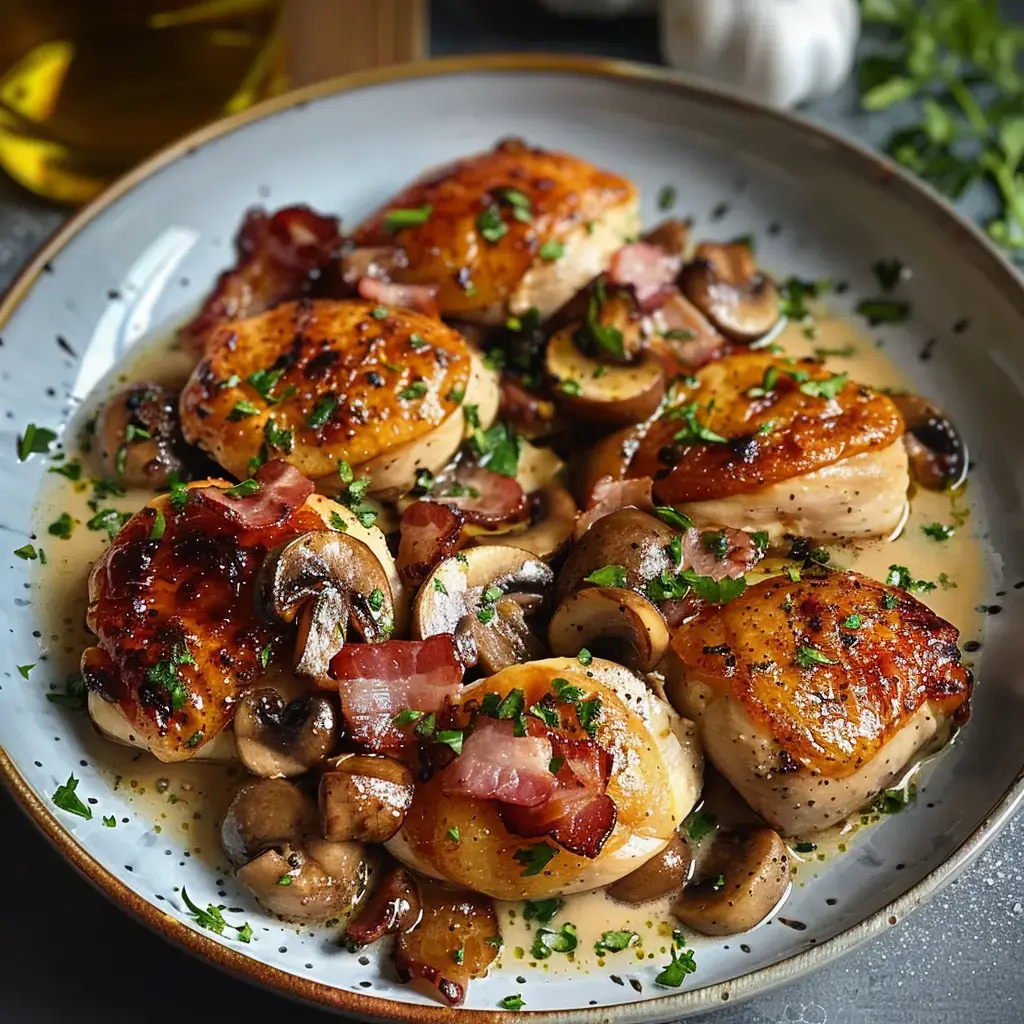 Des morceaux de poulet en sauce crémeuse avec des lardons et champignons, décorés de persil frais.