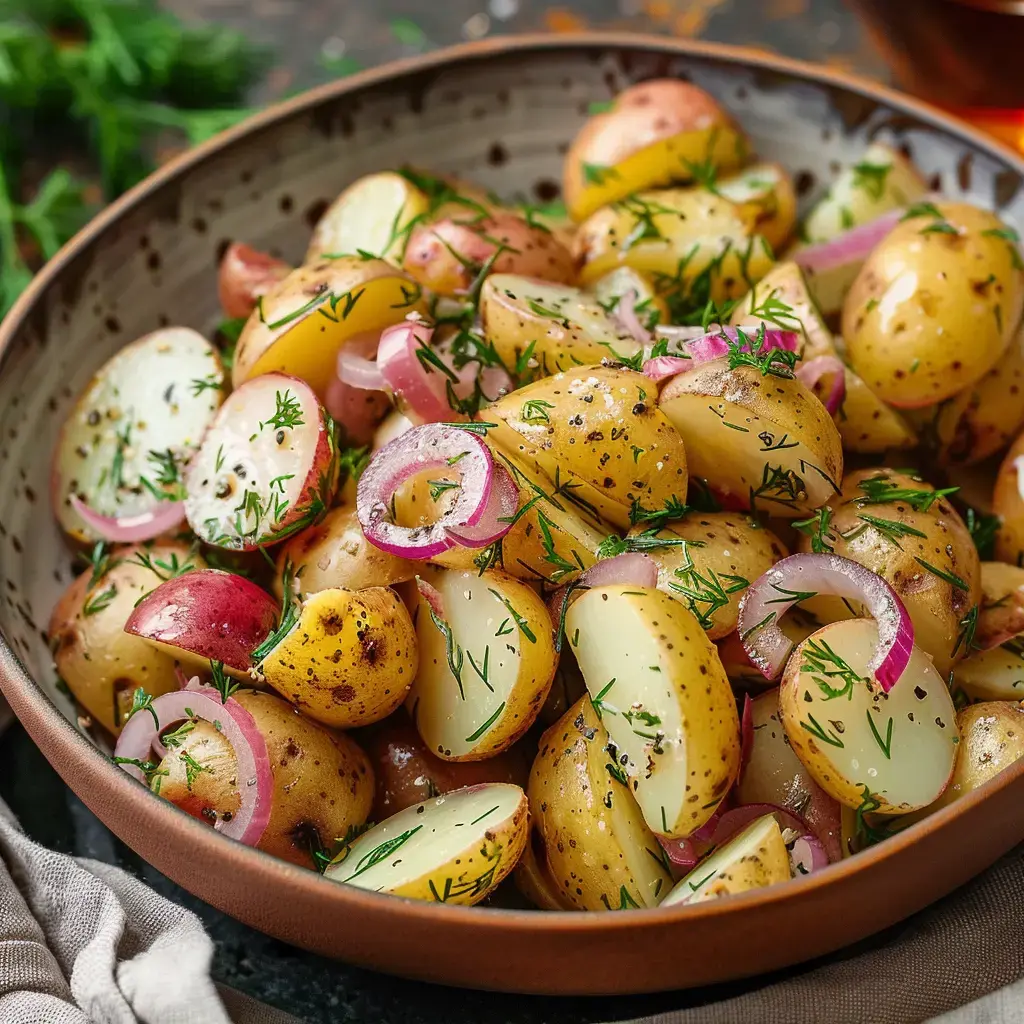 Délicieux assortiment de pommes de terre nouvelles avec oignons rouges et aneth frais.