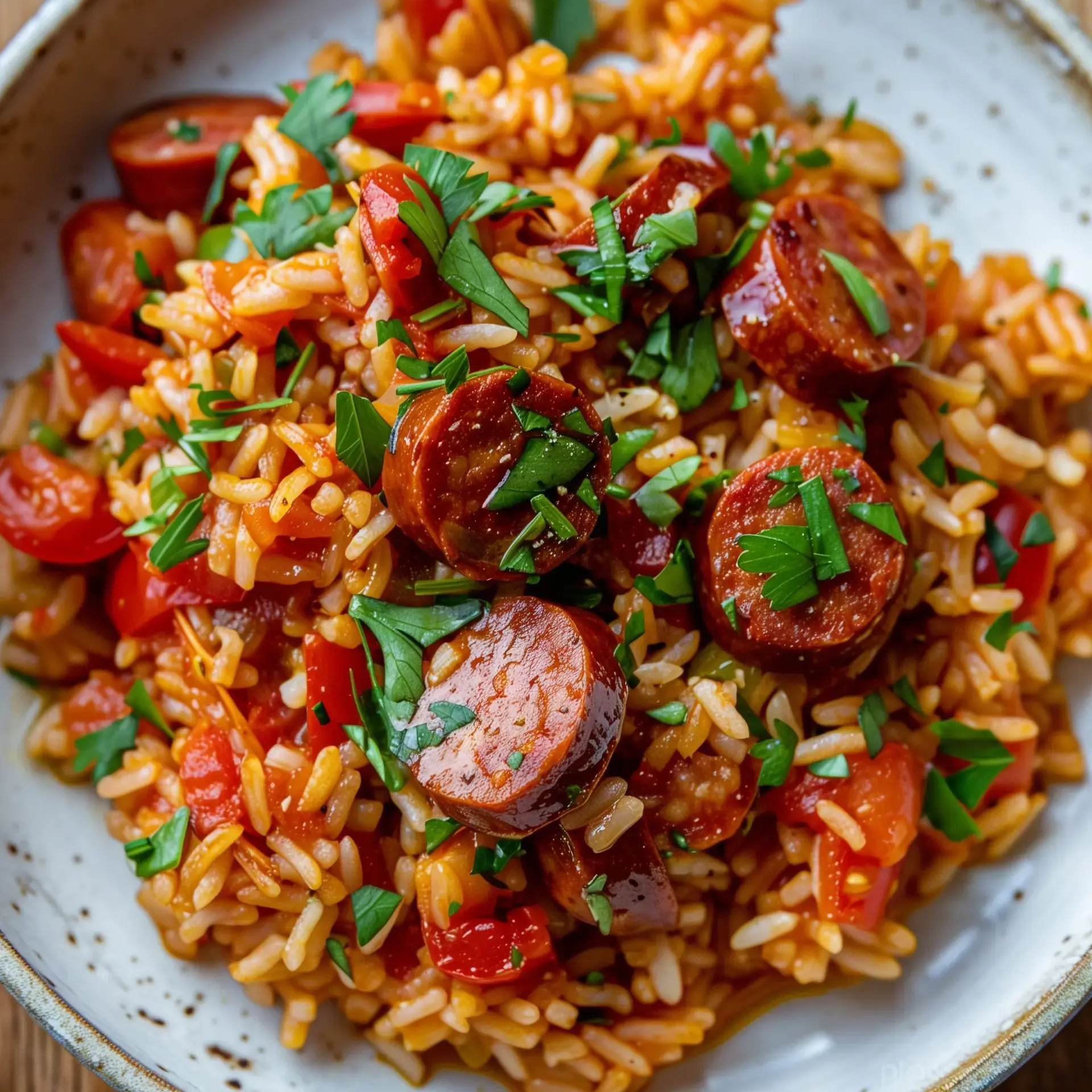 Riz coloré avec saucisses, tomates et persil frais.