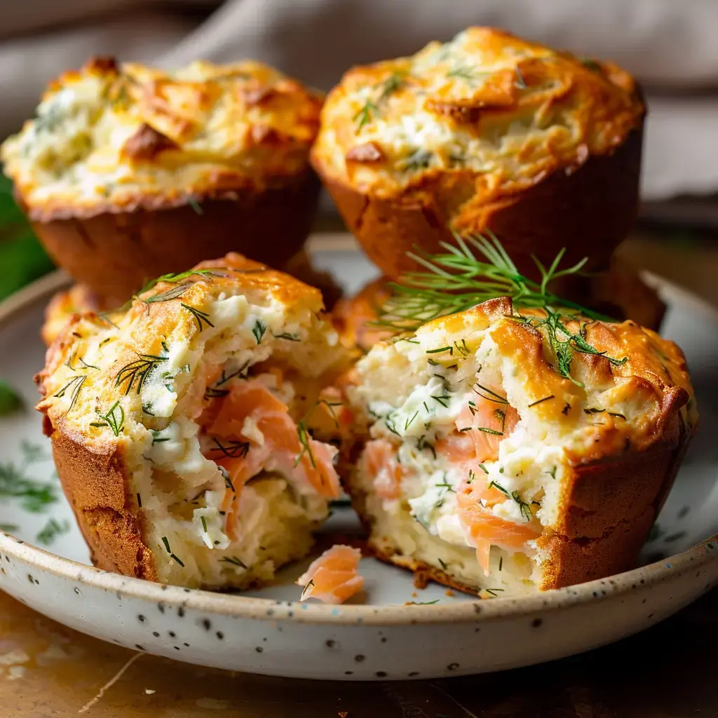 Muffins au saumon et aneth coupés en deux montrant leur délicieux cœur crémeux.