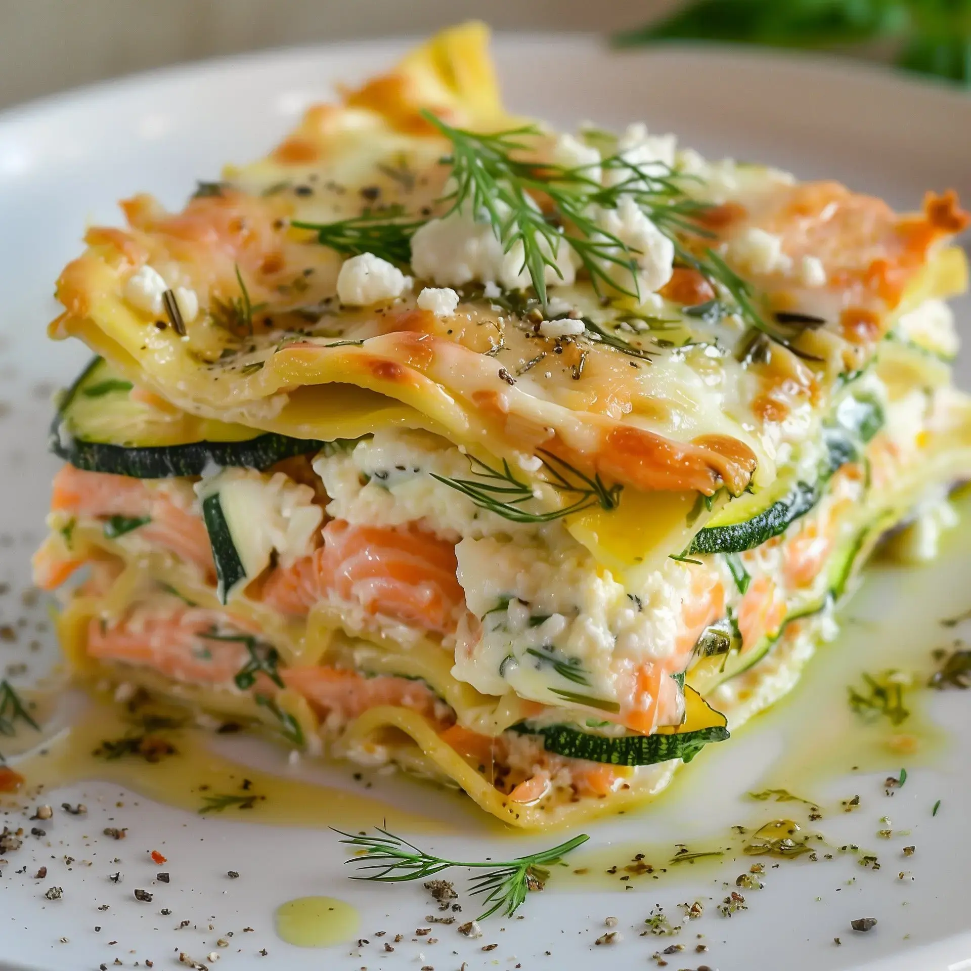 Plat gourmand avec courgettes, saumon tendre et parfum d'aneth, présenté sur une assiette blanche.