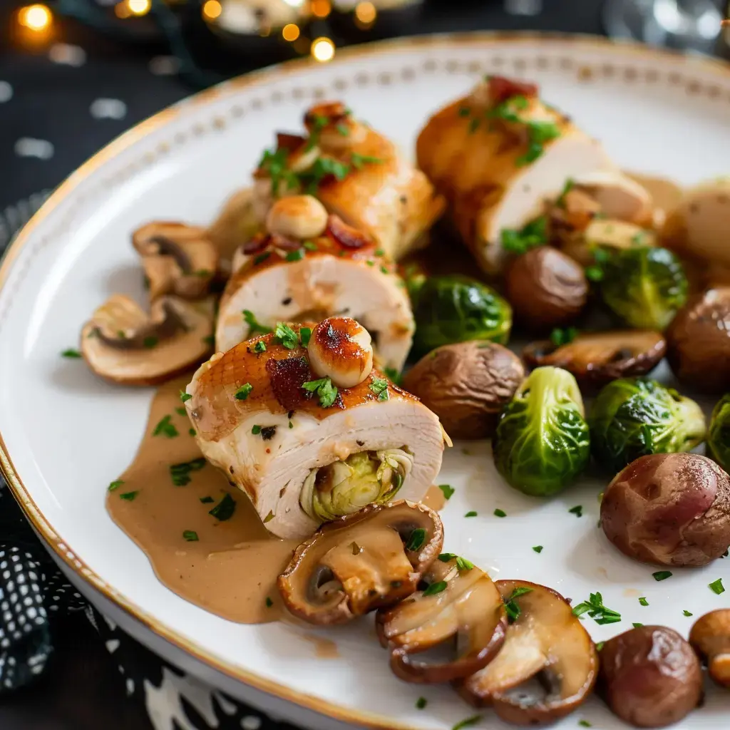 Roulés de volaille garnis de châtaignes et champignons, accompagnés de choux de Bruxelles nappés d'une délicieuse sauce.