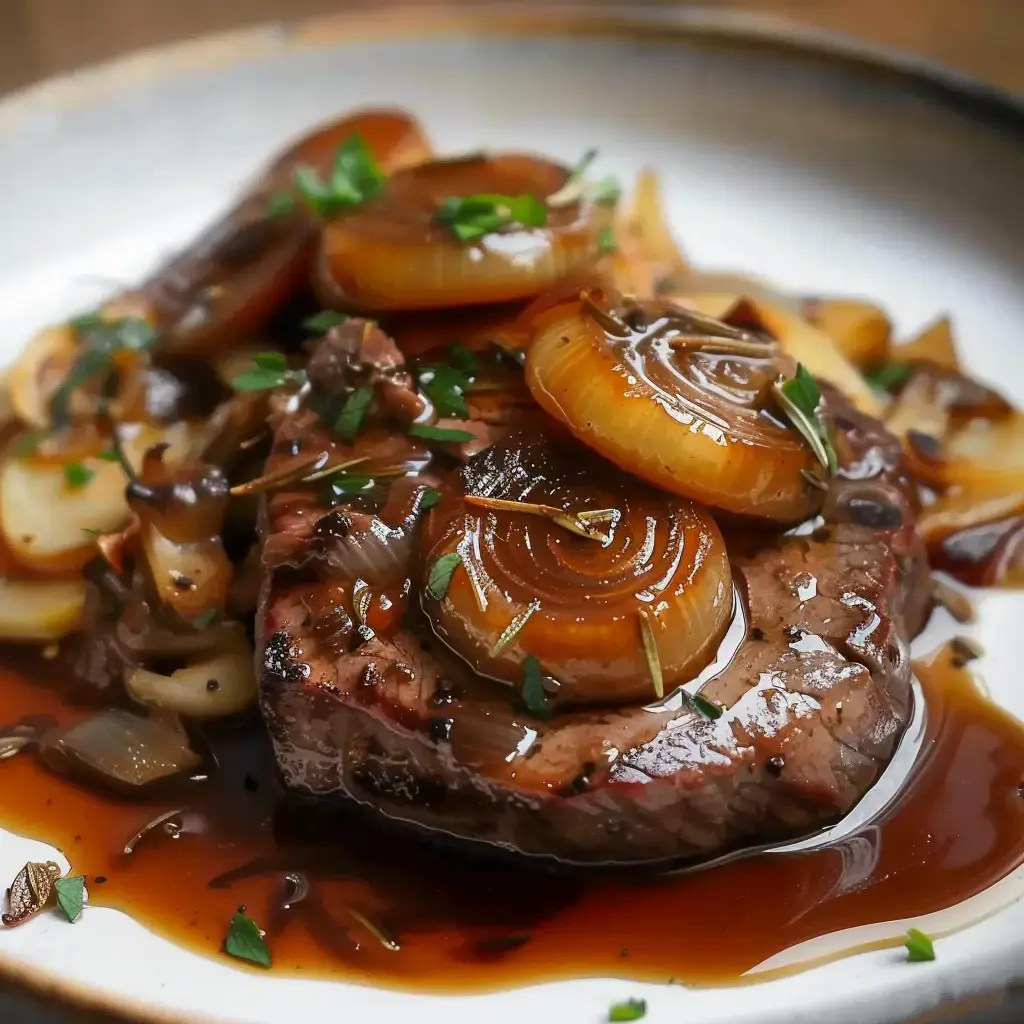 De belles tranches de bœuf tendre et des oignons bien dorés nappés de sauce, posés dans une assiette.