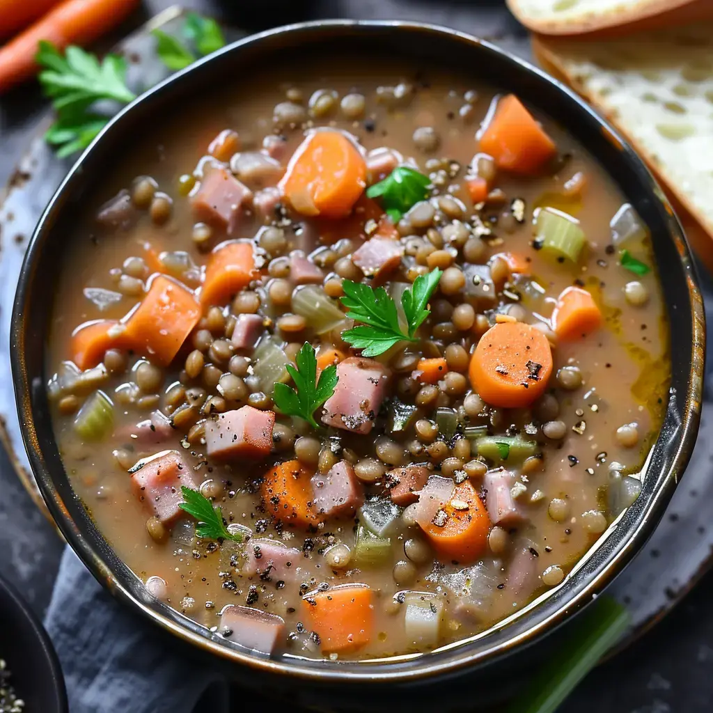 Une assiette creuse remplie de potage aux lentilles avec des morceaux colorés de carottes, céleri et jambon, servie avec du pain croustillant.