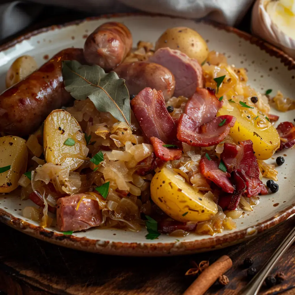 Un plat fumant de choucroute garnie avec saucisses, lardons, pommes de terre et feuilles aromatiques.