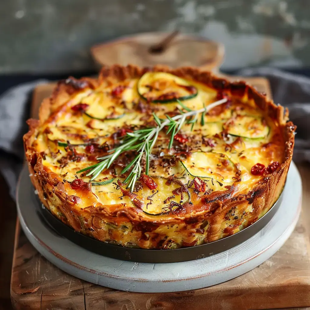 Une quiche dorée à base de pommes de terre, accompagnée de légumes grillés et de romarin, servie sur une planche en bois.