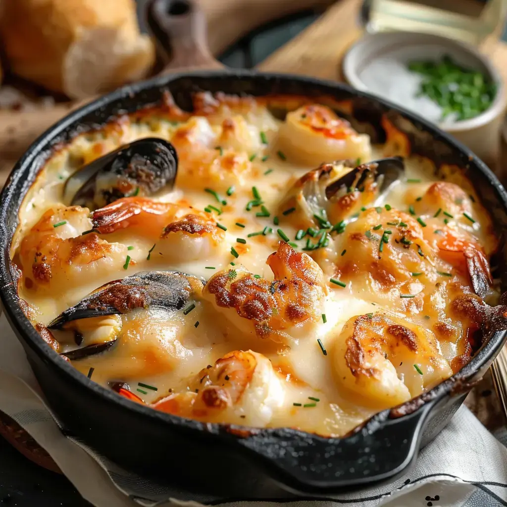 Des fruits de mer fondants gratinés avec des crevettes et des moules, présentés dans une poêle en fonte et parsemés de ciboulette.