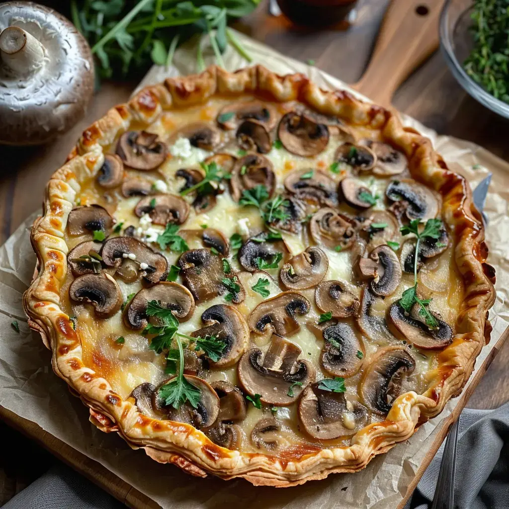 Une tarte aux champignons nappée de persil frais et tranches de champignons, mise sur une planche en bois.