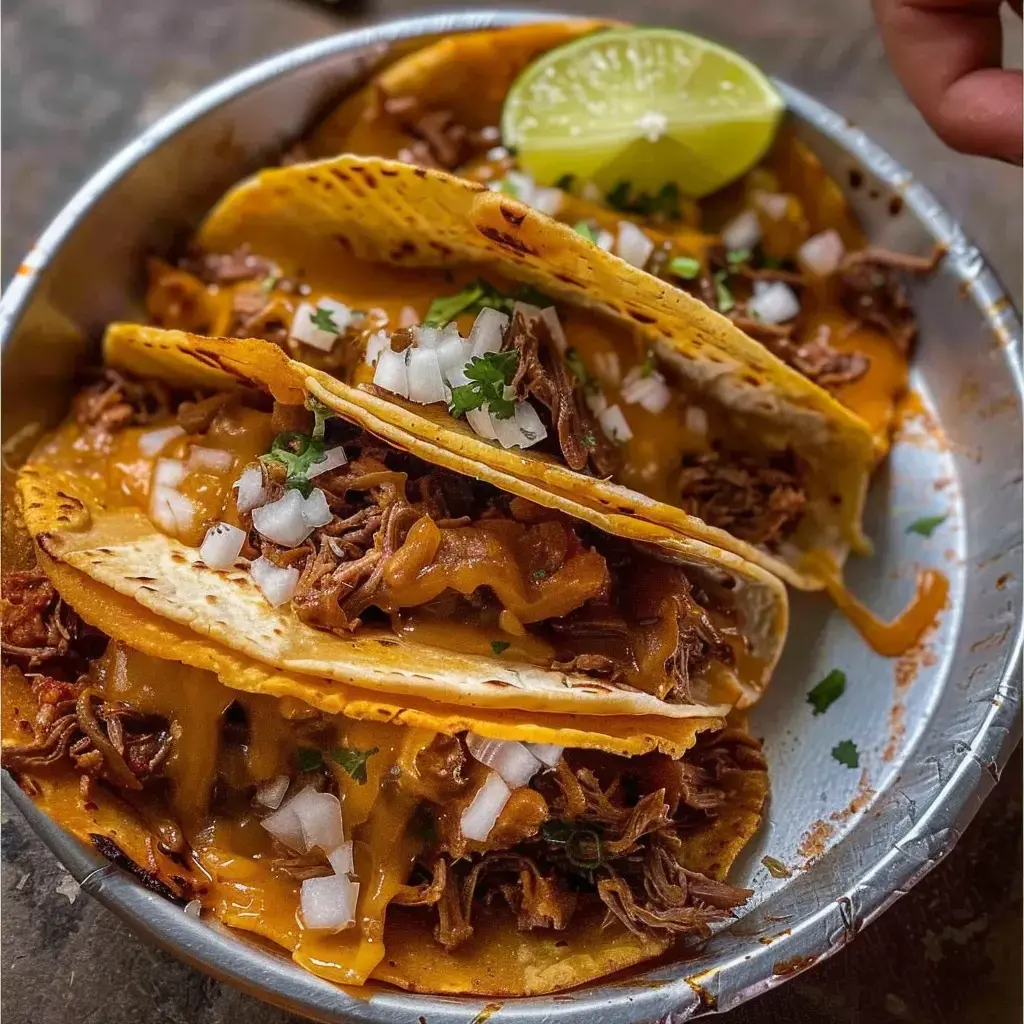 Tacos garnis de viande effilochée, fromage coulant, oignons frais et citron vert.