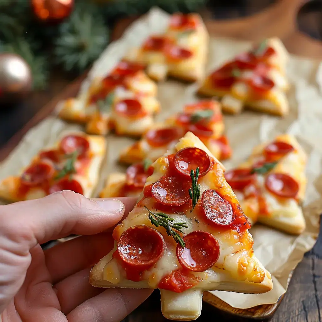 De petits sapins en pizzas garnis de rondelles de pepperoni et de fines herbes.