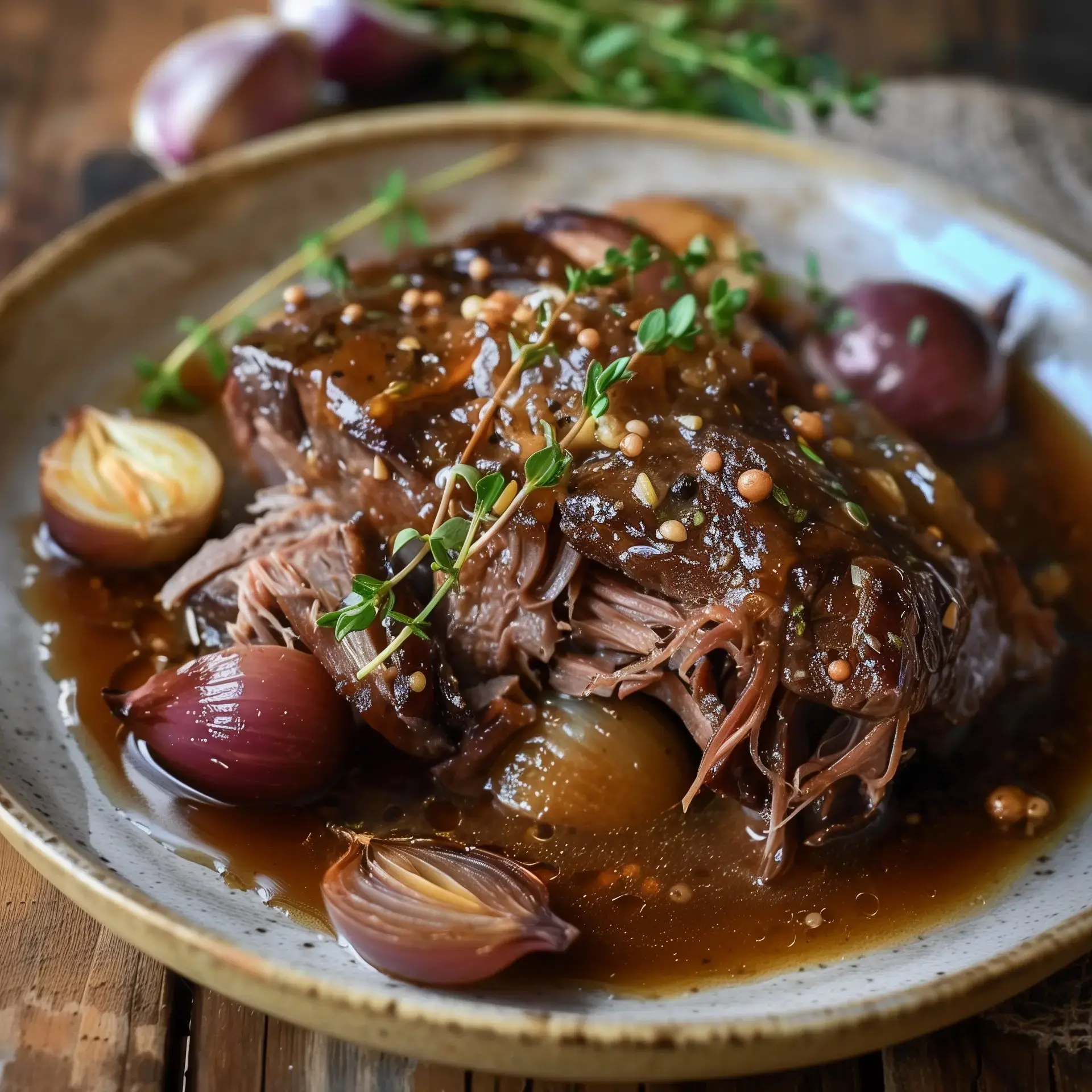 Viande confite à la bière, présentée avec des oignons et une sauce thym sur une assiette rustique.