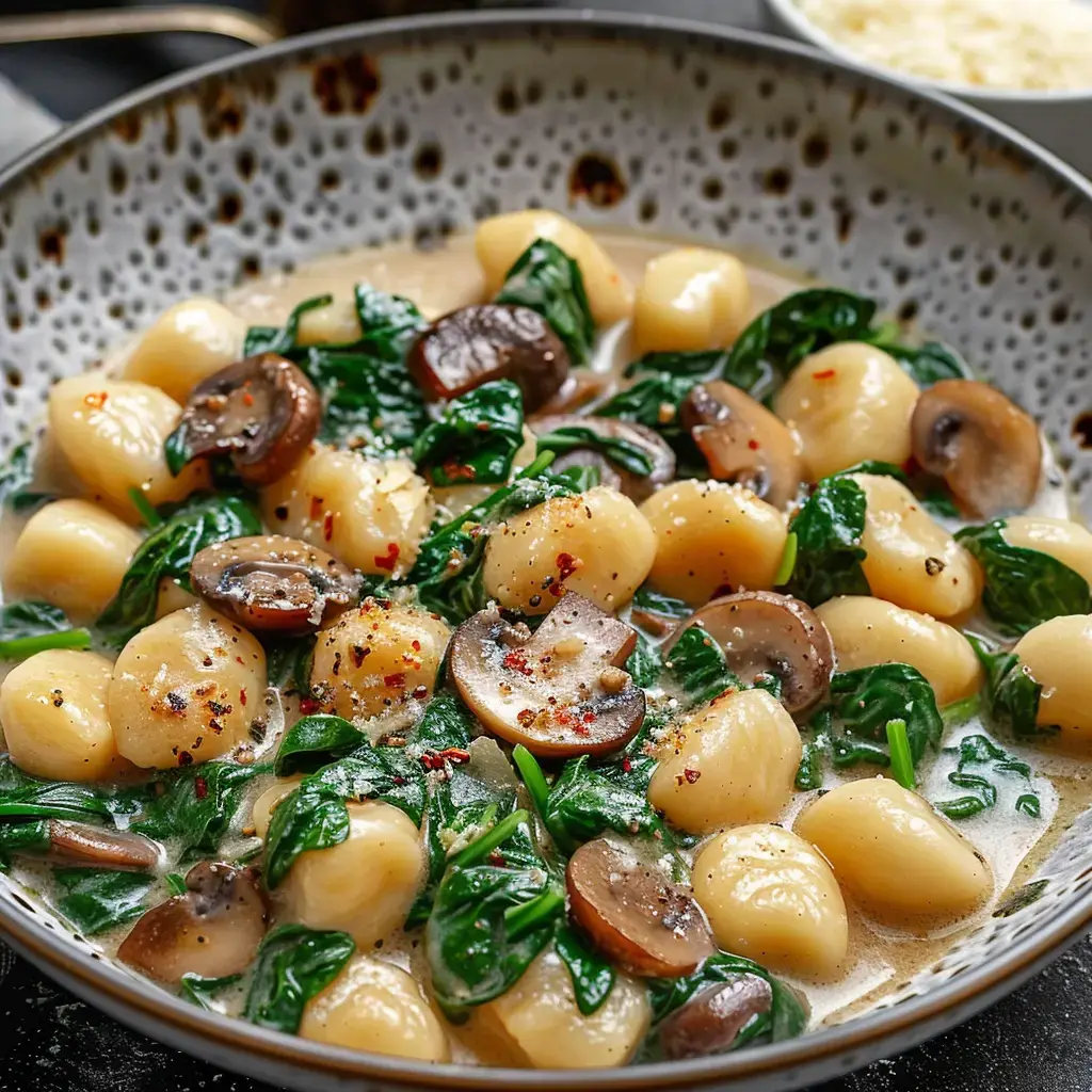 Bol de gnocchis tendres aux épinards et champignons, avec un soupçon de poivre et piment rouge.