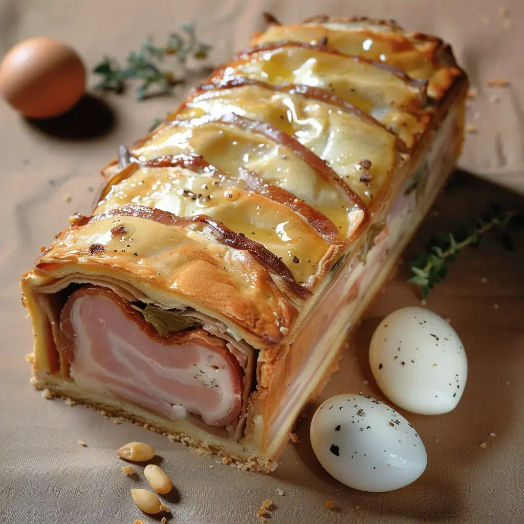 Un feuilleté gourmand bien garni de jambon, œufs et pignons, posé sur une nappe claire.