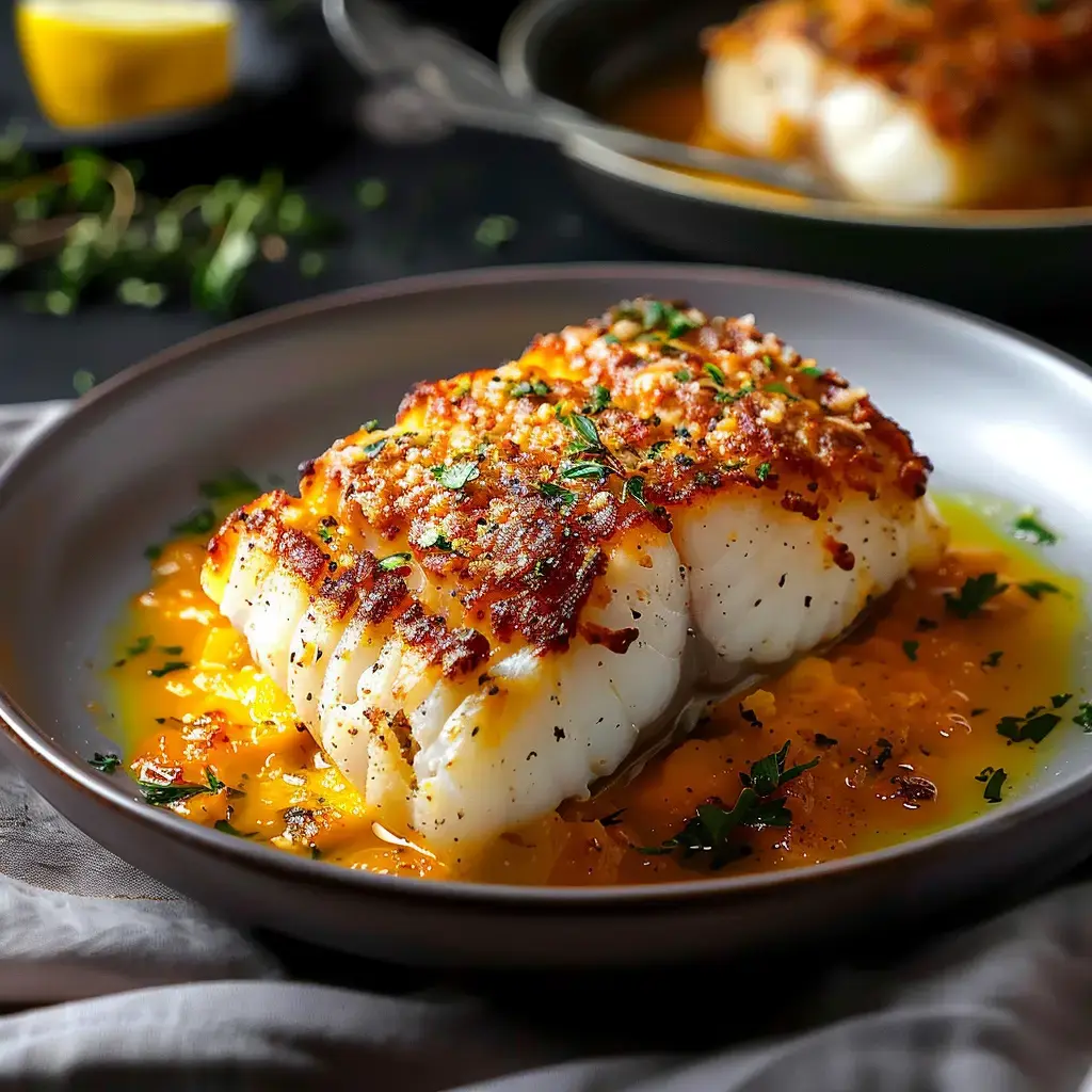 Filet de poisson croustillant servi avec une sauce aux agrumes, décoré de thym frais.