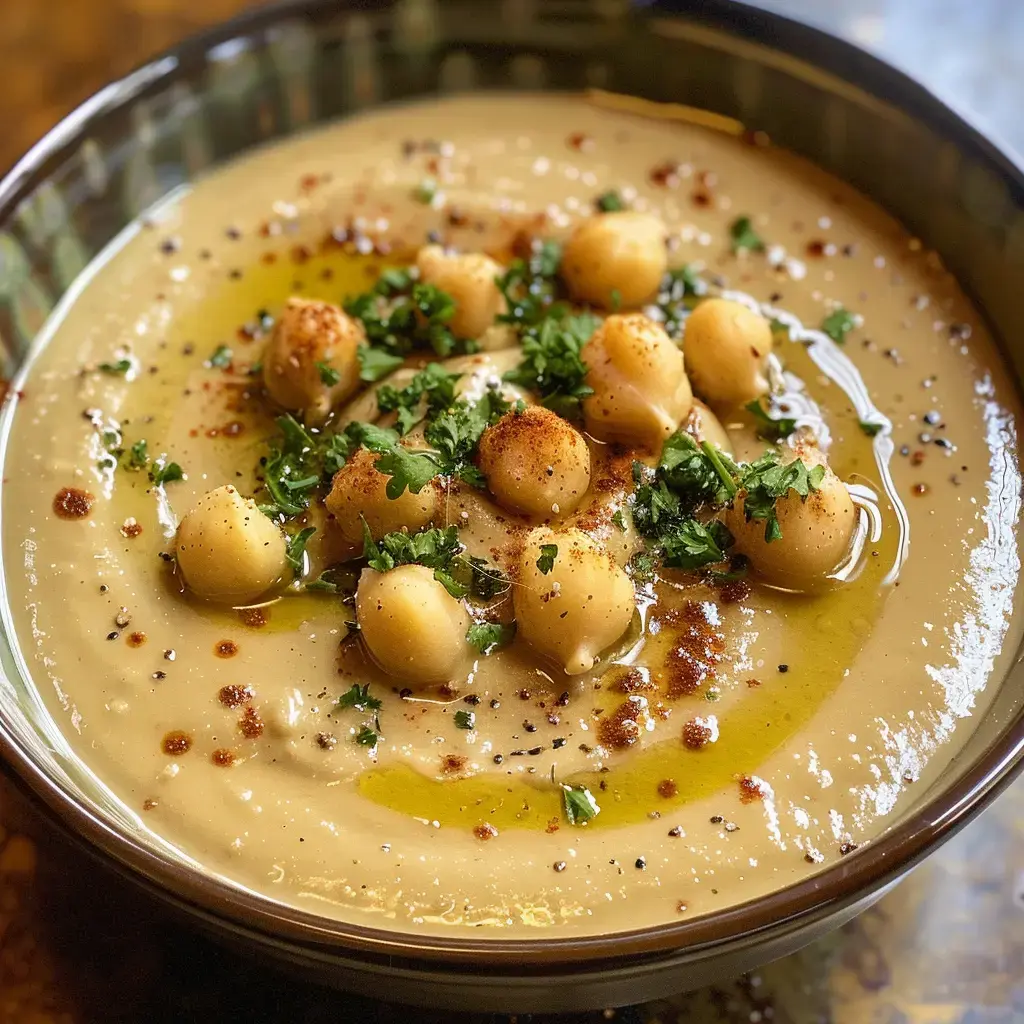 Un bol de houmous orné joliment de coriandre, d'huile d'olive et de pois chiches.