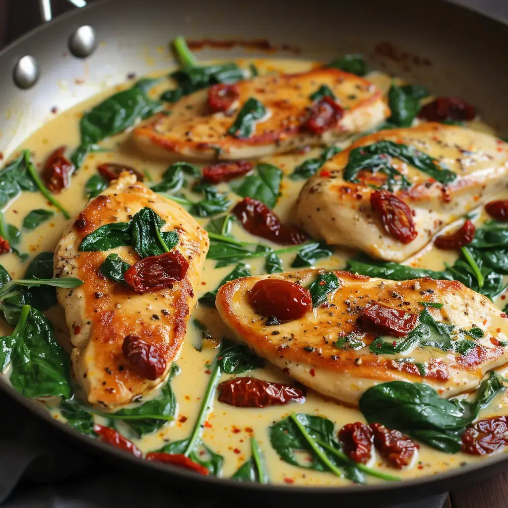 Morceaux de poulet dans une sauce crémeuse mélangée aux épinards et tomates séchées servis dans une poêle.