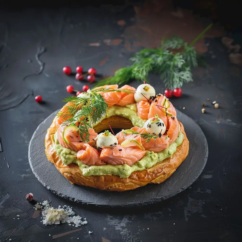 Une couronne en pâte à choux garnie de saumon, d’avocat et décorée d’herbes fraîches.