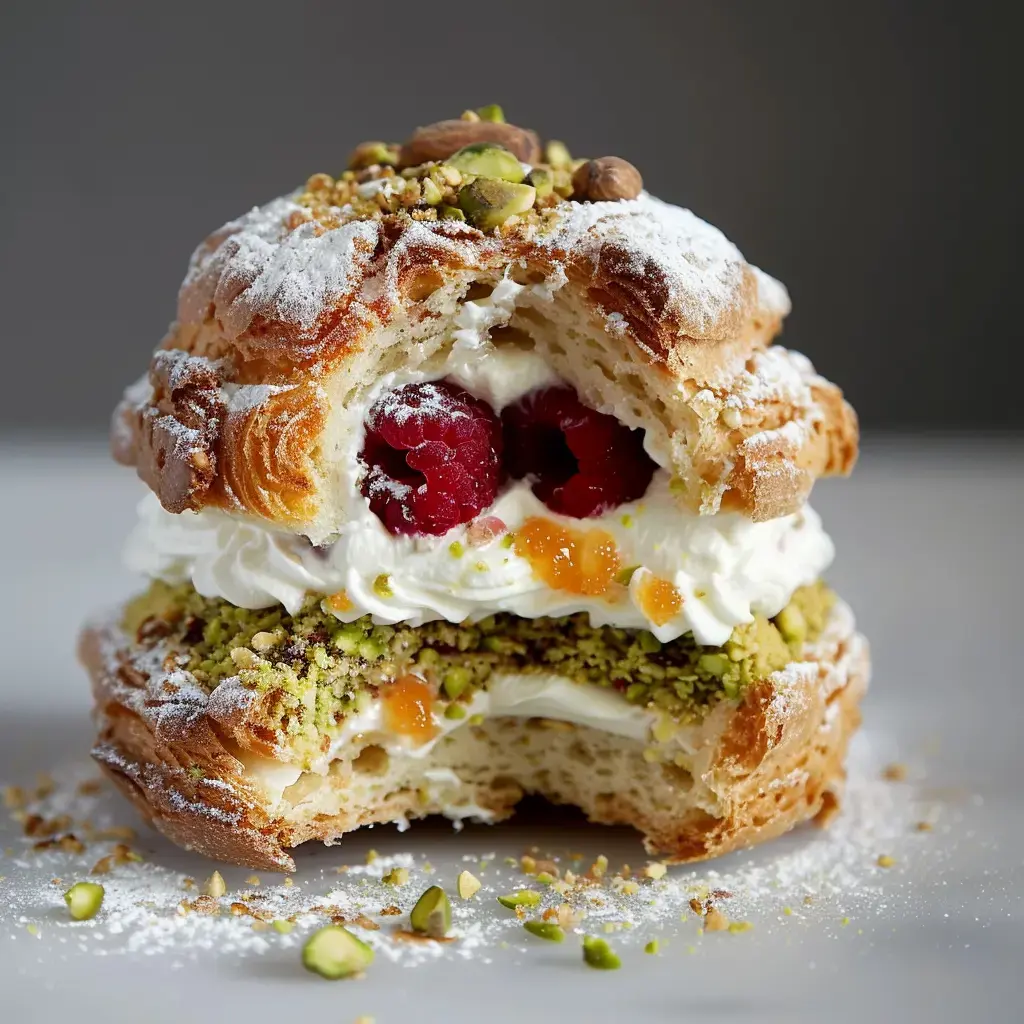 Chou garni de crème onctueuse, framboises et pistaches, un nuage de sucre glace dessus.