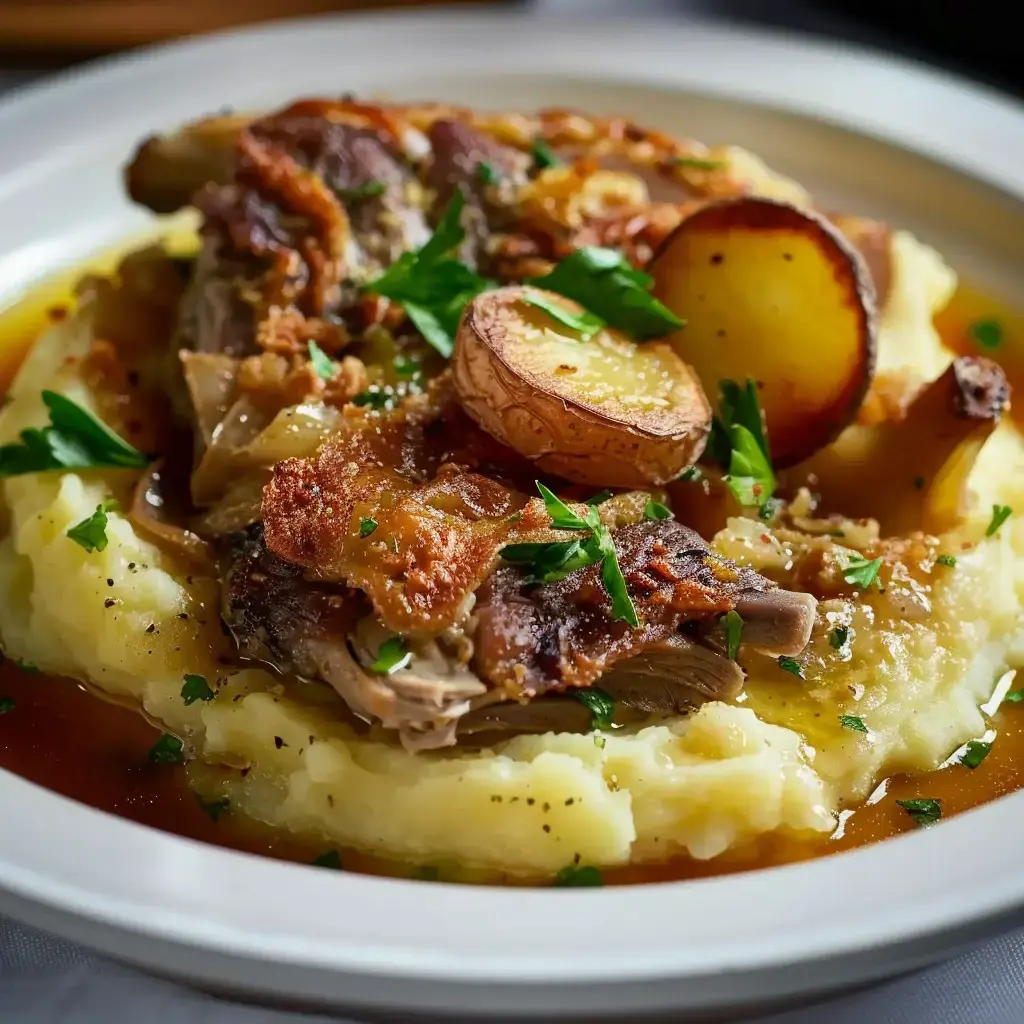 Un plat délicieux avec purée et confit de canard, garni de persil frais.