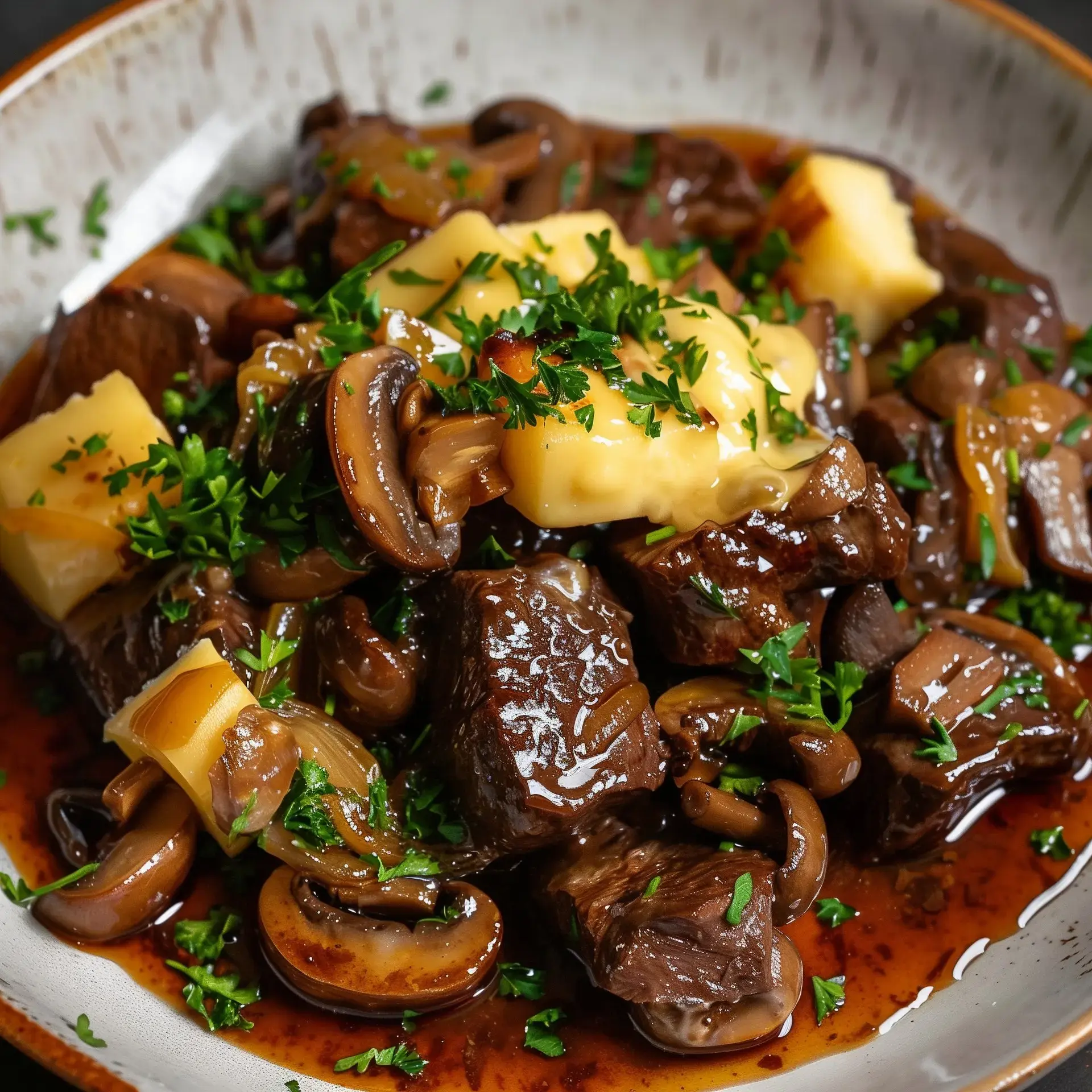 Plat gourmand de bœuf mijoté aux champignons et fromage, agrémenté de persil frais.
