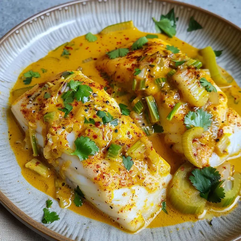 Deux filets de poisson nappés de sauce coco épicée avec des tiges de céleri et coriandre fraîche.
