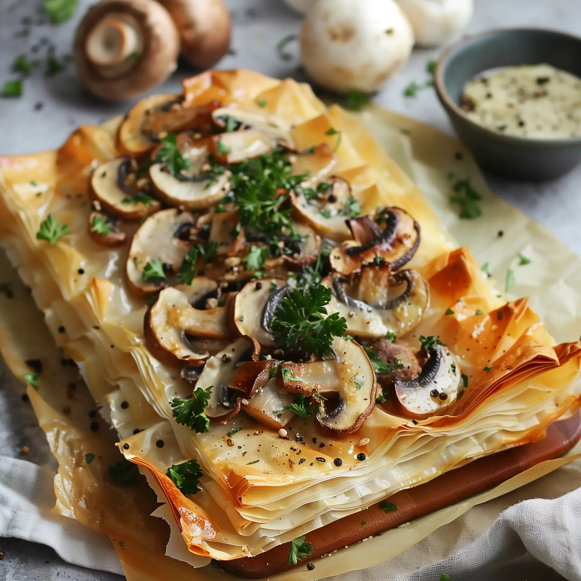 Une tarte légère en pâte filo aux champignons grillés, vue avec une sauce sur le côté.