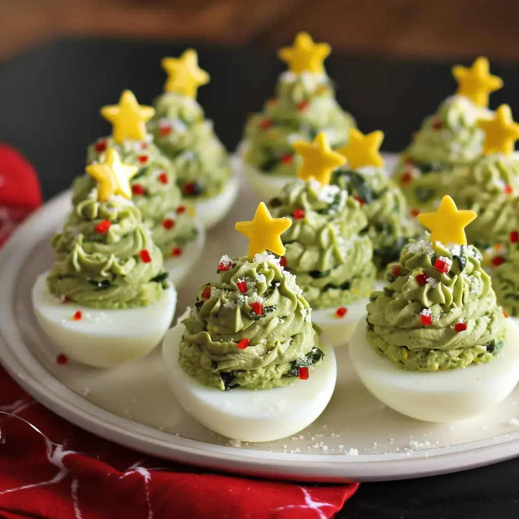 Œufs décorés façon sapin, garnis de mousse verte et décorés avec une étoile jaune brillante.