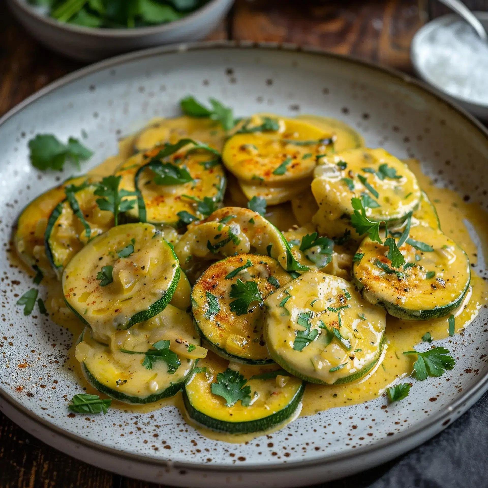 Des courgettes en rondelles recouvertes d'une sauce onctueuse et décorées de coriandre fraîche.