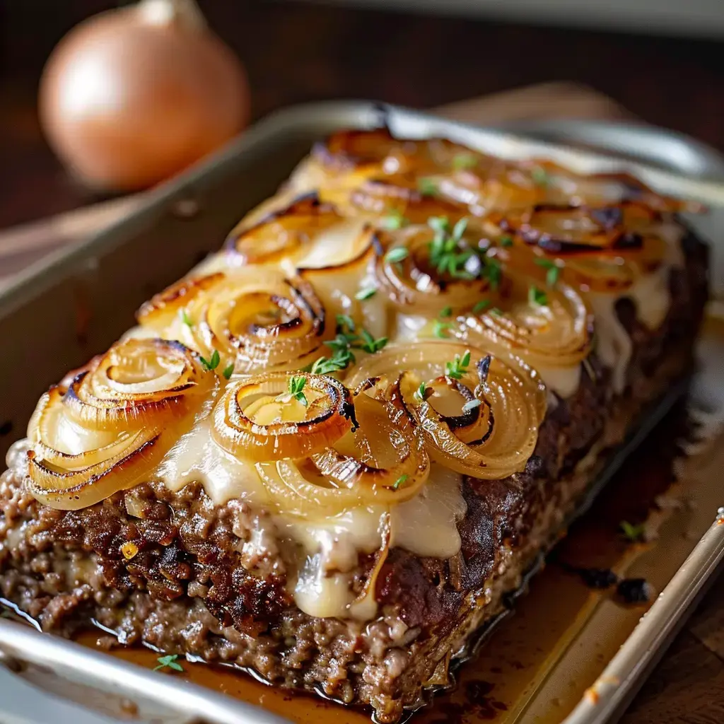Un généreux pain de viande avec du fromage fondu et des oignons dorés servi chaud.