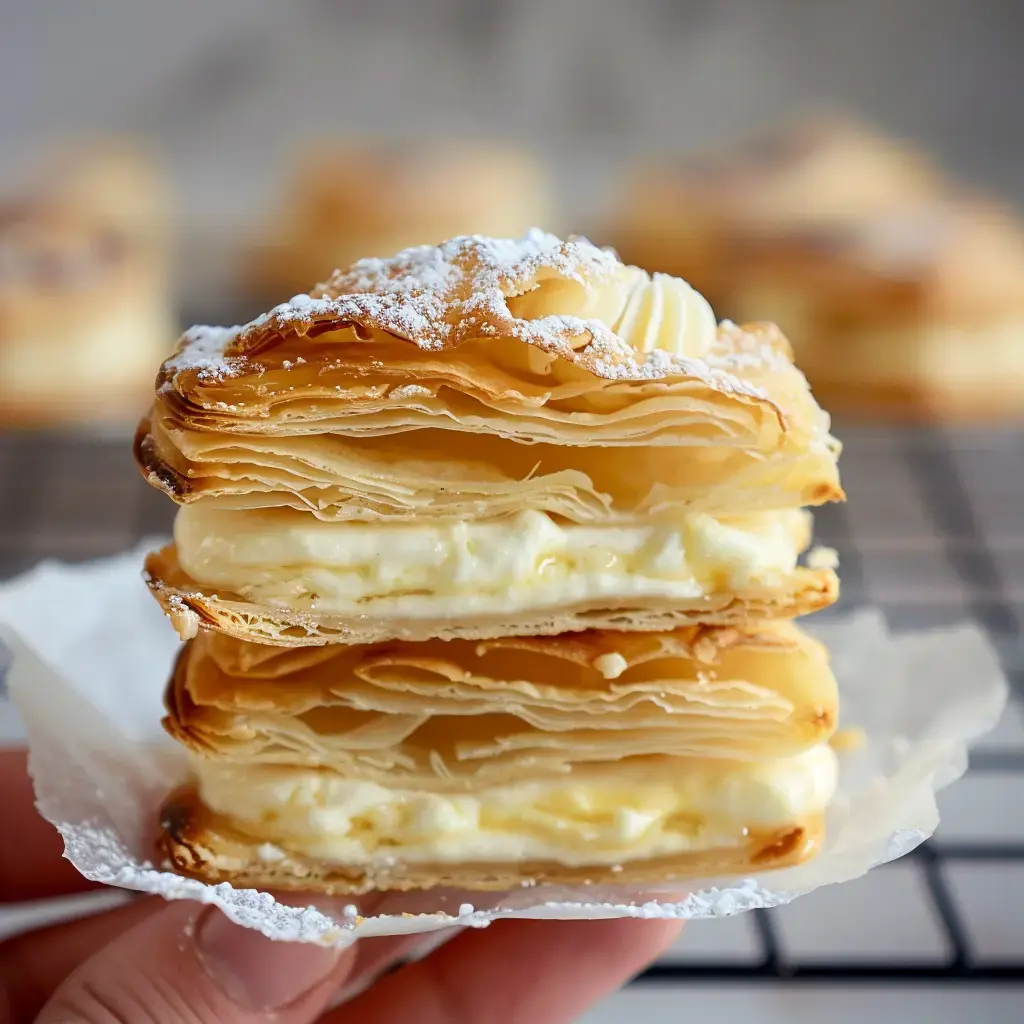 On voit un millefeuille à la crème vanillée, bien feuilleté, tenu par un boulanger, tout saupoudré de sucre glace.