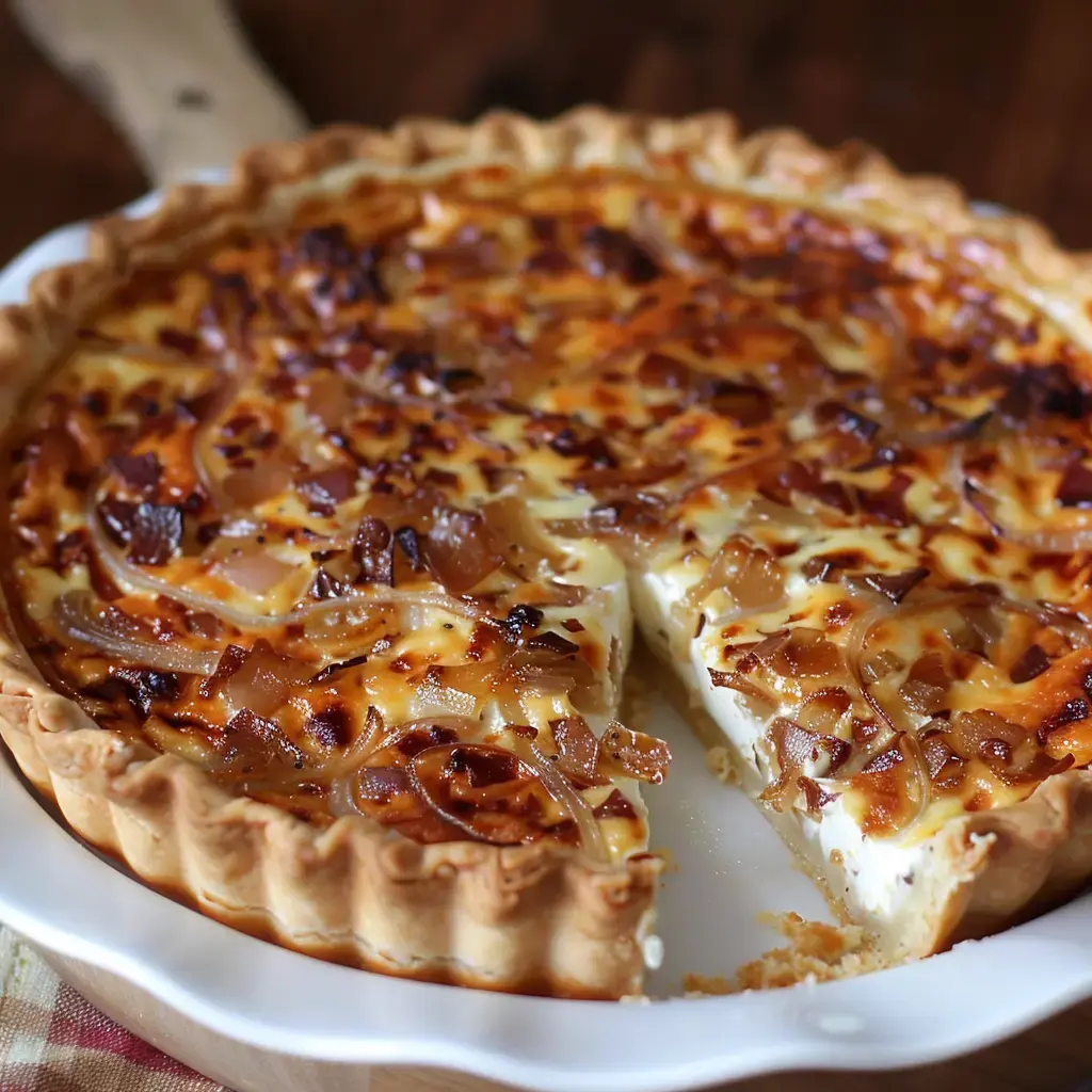 Délicieuse tarte garnie d’oignons caramélisés et de fromage, avec une part déjà servie.